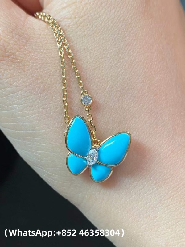 Custom Solid 18k Gold Van Cleef & Arpels Jewelry Two Butterfly Pendant 18K Yellow Gold Diamond Turquoise