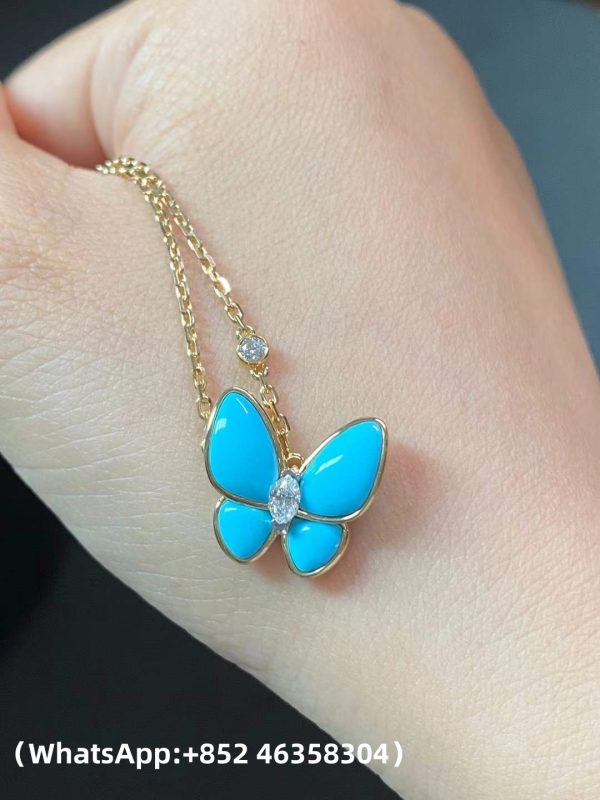 Custom Solid 18k Gold Van Cleef & Arpels Jewelry Two Butterfly Pendant 18K Yellow Gold Diamond Turquoise