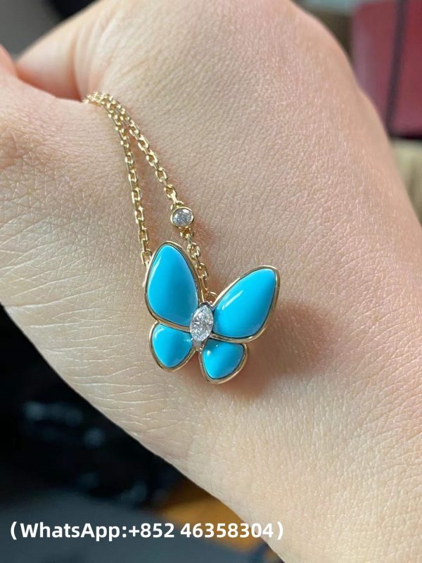 Custom Solid 18k Gold Van Cleef & Arpels Jewelry Two Butterfly Pendant 18K Yellow Gold Diamond Turquoise
