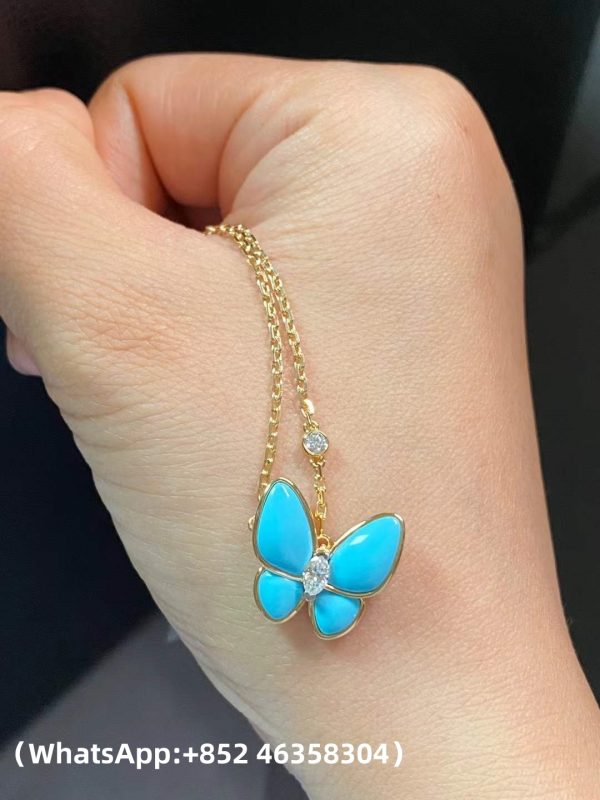 Custom Solid 18k Gold Van Cleef & Arpels Jewelry Two Butterfly Pendant 18K Yellow Gold Diamond Turquoise