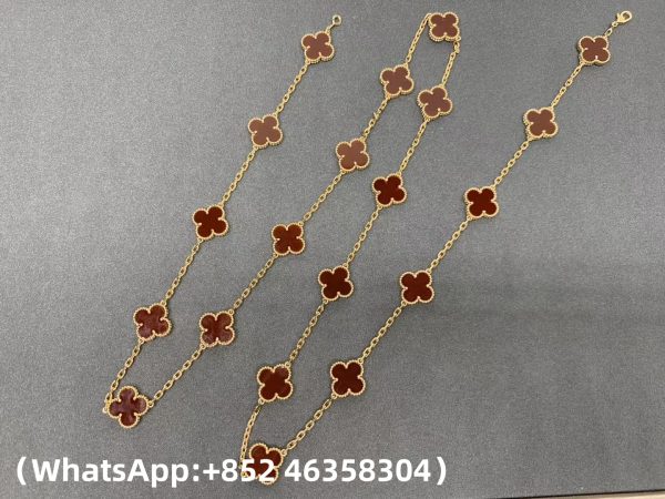 Custom Solid 18k Gold Van Cleef & Arpels Vintage Alhambra Long Necklace, 20 Motifs Carnelian Custom Solid 18k Gold Van Cleef & Arpels Vintage Alhambra Long Necklace, 20 Motifs Carnelian