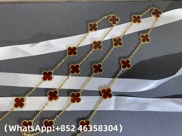 Custom Solid 18k Gold Van Cleef & Arpels Vintage Alhambra Long Necklace, 20 Motifs Carnelian Custom Solid 18k Gold Van Cleef & Arpels Vintage Alhambra Long Necklace, 20 Motifs Carnelian