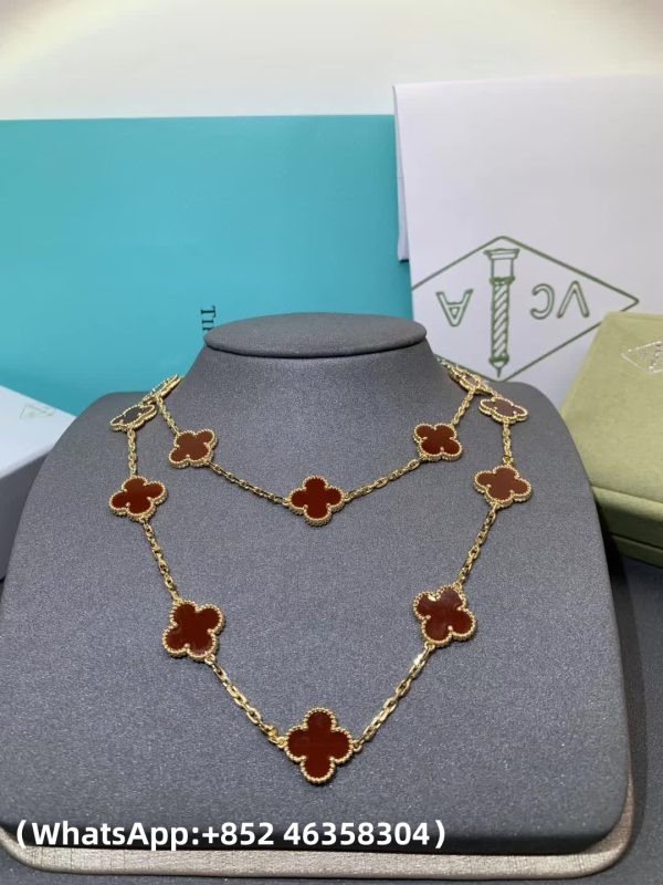 Custom Solid 18k Gold Van Cleef & Arpels Vintage Alhambra Long Necklace, 20 Motifs Carnelian Custom Solid 18k Gold Van Cleef & Arpels Vintage Alhambra Long Necklace, 20 Motifs Carnelian