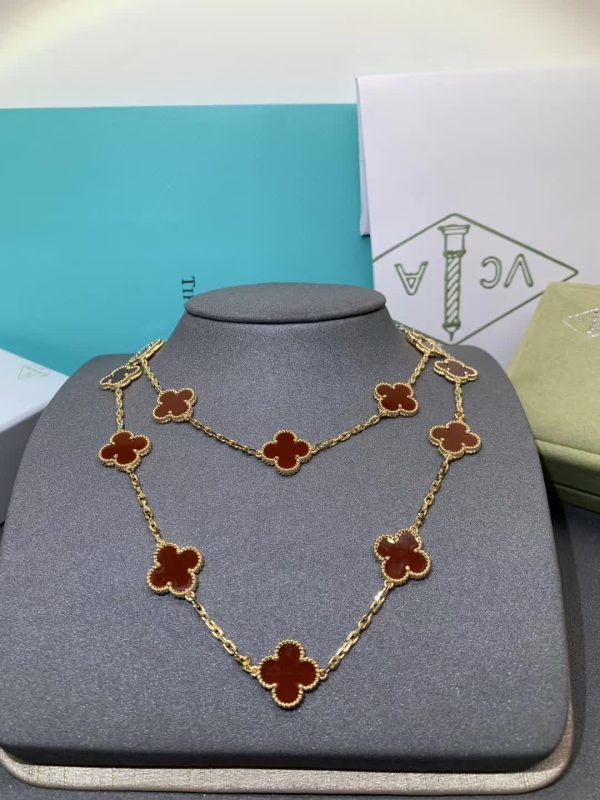 Custom Solid 18k Gold Van Cleef & Arpels Vintage Alhambra Long Necklace, 20 Motifs Carnelian Custom Solid 18k Gold Van Cleef & Arpels Vintage Alhambra Long Necklace, 20 Motifs Carnelian