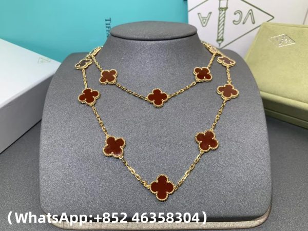 Custom Solid 18k Gold Van Cleef & Arpels Vintage Alhambra Long Necklace, 20 Motifs Carnelian Custom Solid 18k Gold Van Cleef & Arpels Vintage Alhambra Long Necklace, 20 Motifs Carnelian