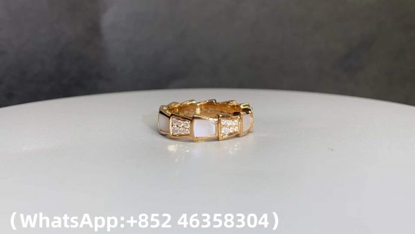 Custom Solid 18k Gold Bulgari Jewelry Serpenti Viper Thick Band Ring Set with Pavé Diamonds and White Mother-Of-Pearl Elements