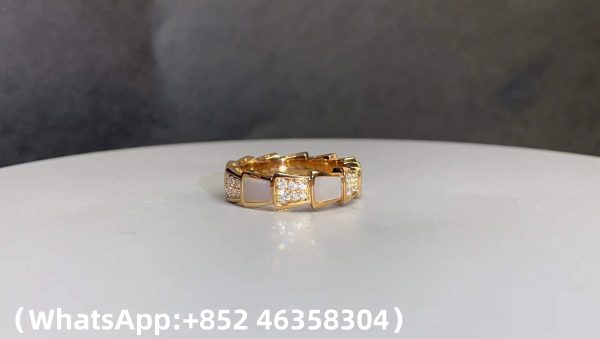 Custom Solid 18k Gold Bulgari Jewelry Serpenti Viper Thick Band Ring Set with Pavé Diamonds and White Mother-Of-Pearl Elements
