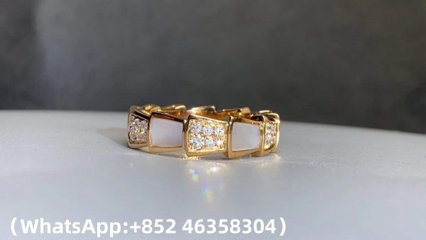 Custom Solid 18k Gold Bulgari Jewelry Serpenti Viper Thick Band Ring Set with Pavé Diamonds and White Mother-Of-Pearl Elements
