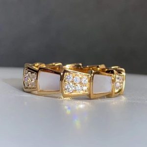 Custom Solid 18k Gold Bulgari Jewelry Serpenti Viper Thick Band Ring Set with Pavé Diamonds and White Mother-Of-Pearl Elements