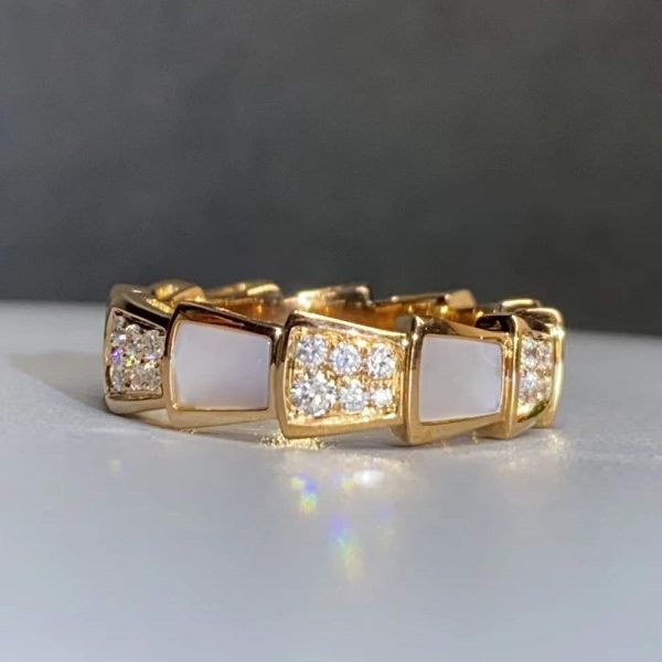 Custom Solid 18k Gold Bulgari Jewelry Serpenti Viper Thick Band Ring Set with Pavé Diamonds and White Mother-Of-Pearl Elements
