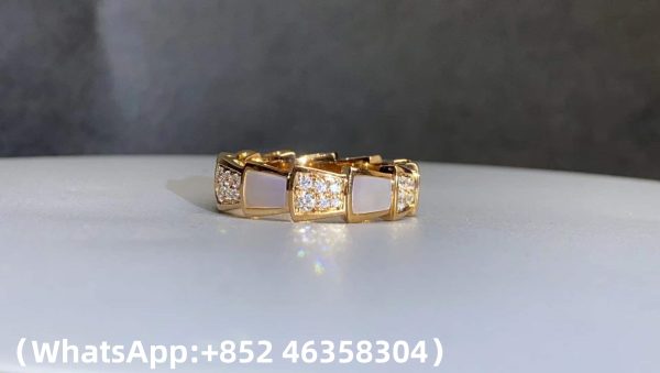 Custom Solid 18k Gold Bulgari Jewelry Serpenti Viper Thick Band Ring Set with Pavé Diamonds and White Mother-Of-Pearl ElementsCustom Solid 18k Gold Bulgari Jewelry Serpenti Viper Thick Band Ring Set with Pavé Diamonds and White Mother-Of-Pearl Elements