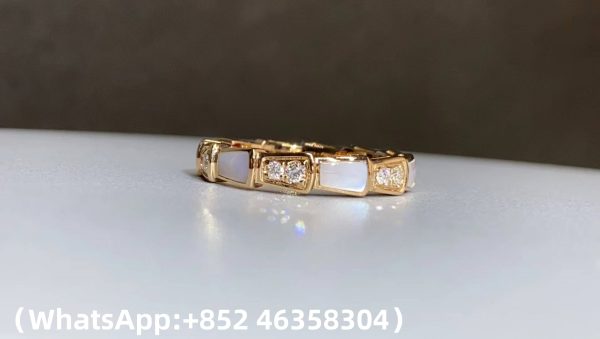 Custom Solid 18k Gold Bulgari Jewelry Serpenti Viper Thick Band Ring Set with Pavé Diamonds and White Mother-Of-Pearl Elements