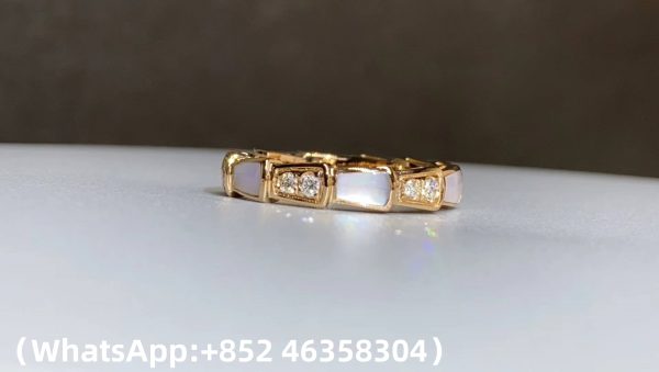 Custom Solid 18k Gold Bulgari Jewelry Serpenti Viper Thick Band Ring Set with Pavé Diamonds and White Mother-Of-Pearl Elements