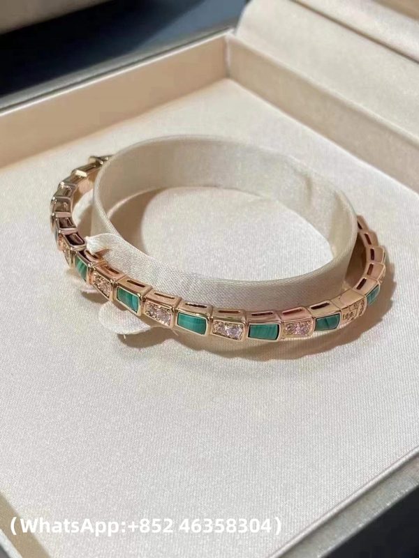 Custom Solid 18k Gold Bulgari Jewelry Serpenti Viper Thin Bangle Bracelet Set with Malachite Elements