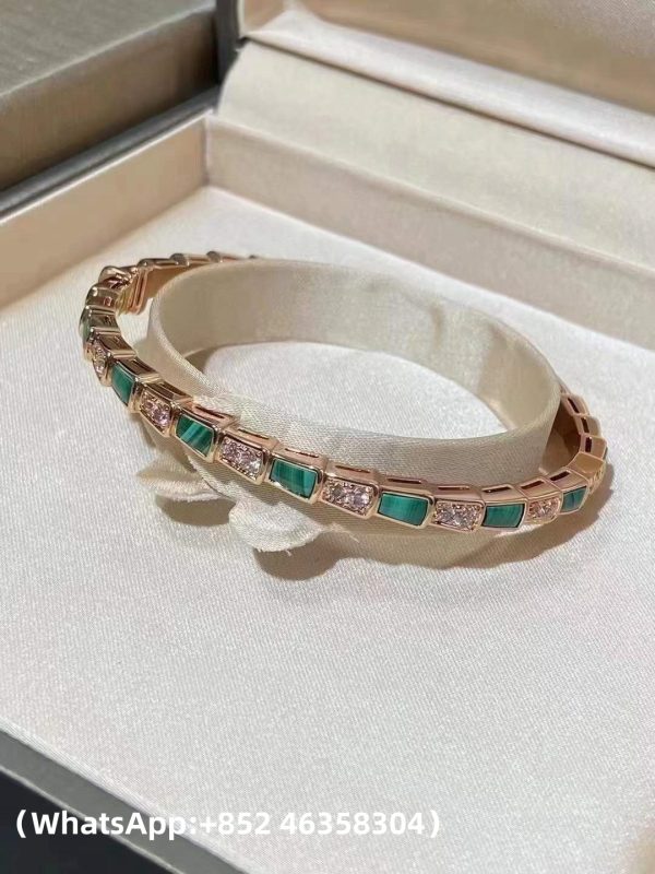 Custom Solid 18k Gold Bulgari Jewelry Serpenti Viper Thin Bangle Bracelet Set with Malachite Elements