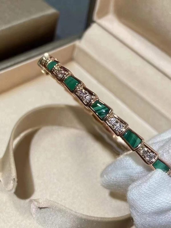Custom Solid 18k Gold Bulgari Jewelry Serpenti Viper Thin Bangle Bracelet Set with Malachite Elements