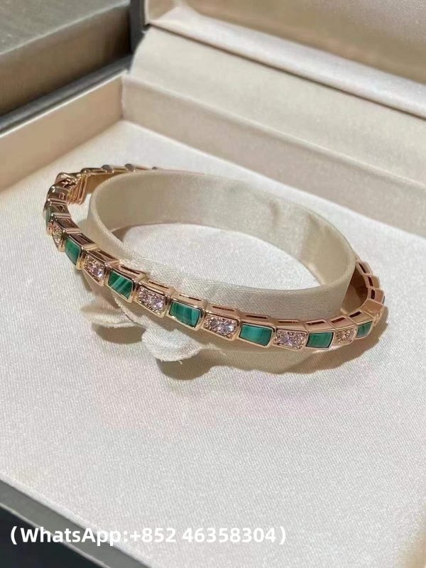 Custom Solid 18k Gold Bulgari Jewelry Serpenti Viper Thin Bangle Bracelet Set with Malachite Elements