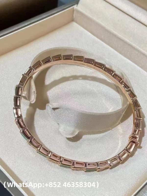 Custom Solid 18k Gold Bulgari Jewelry Serpenti Viper Thin Bangle Bracelet Set with Malachite Elements