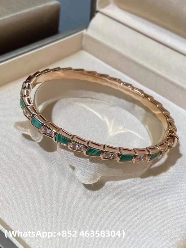 Custom Solid 18k Gold Bulgari Jewelry Serpenti Viper Thin Bangle Bracelet Set with Malachite Elements