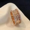 Custom Solid 18k Gold Bulgari Jewelry B.Zero1 Rock Four-Band Ring with Studded Spiral and Pavé Diamonds on the Edges