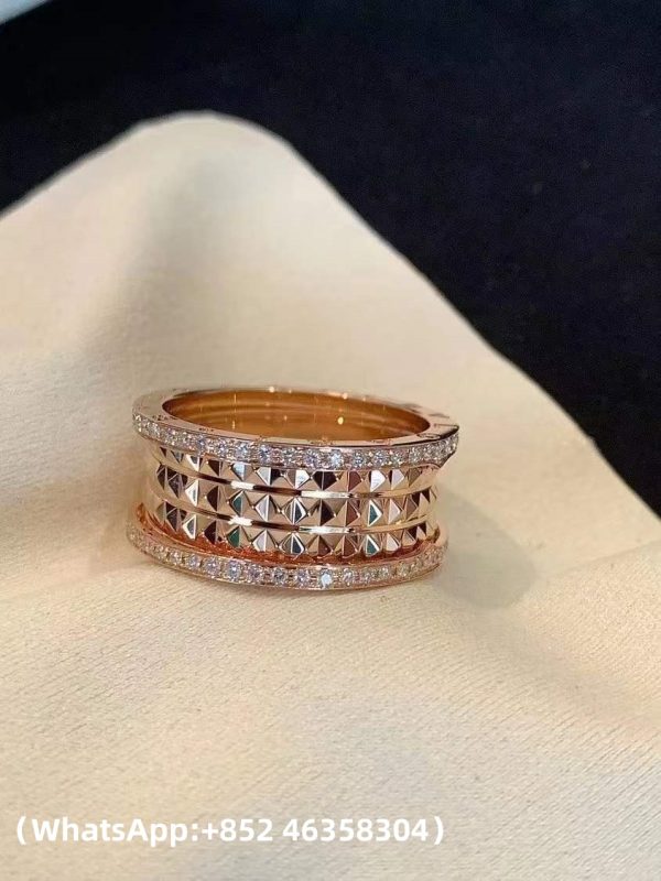 Custom Solid 18k Gold Bulgari Jewelry B.Zero1 Rock Four-Band Ring with Studded Spiral and Pavé Diamonds on the Edges