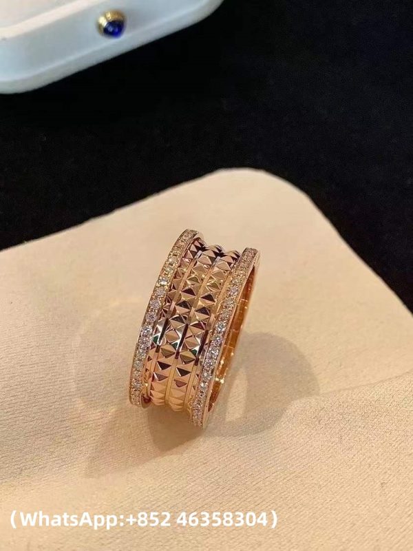 Custom Solid 18k Gold Bulgari Jewelry B.Zero1 Rock Four-Band Ring with Studded Spiral and Pavé Diamonds on the Edges