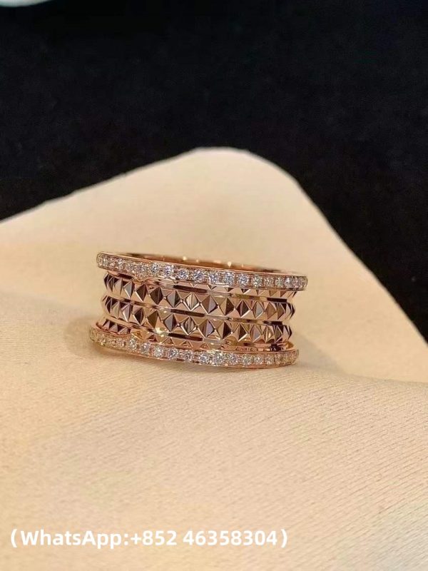 Custom Solid 18k Gold Bulgari Jewelry B.Zero1 Rock Four-Band Ring with Studded Spiral and Pavé Diamonds on the Edges