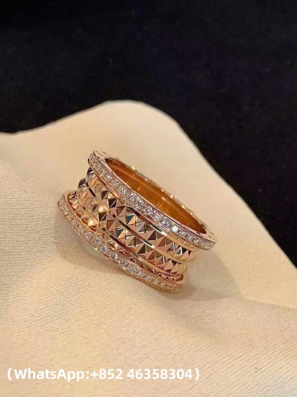 Custom Solid 18k Gold Bulgari Jewelry B.Zero1 Rock Four-Band Ring with Studded Spiral and Pavé Diamonds on the Edges