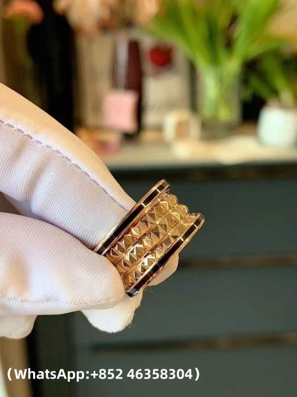 Custom Solid 18k Gold Bulgari Jewelry B.Zero1 Rock Four-Band Ring with Studded Spiral and Black Ceramic Inserts on the Edges