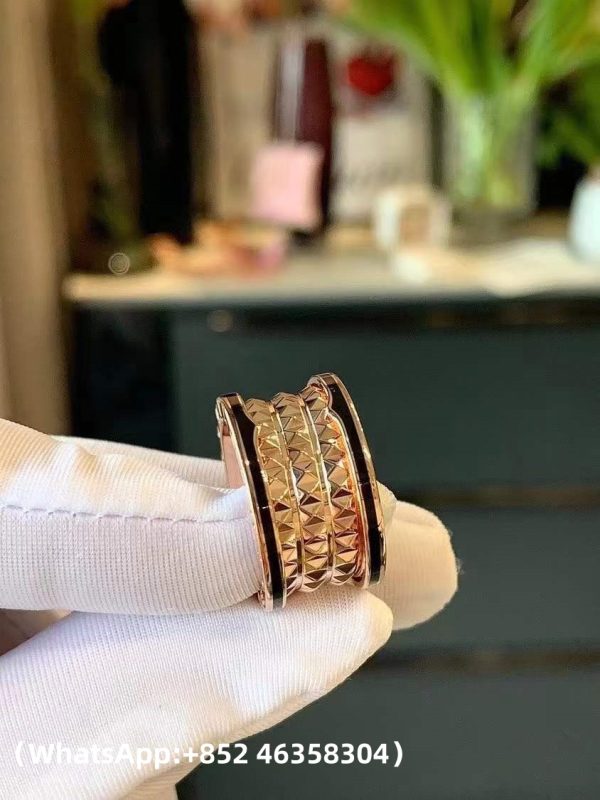 Custom Solid 18k Gold Bulgari Jewelry B.Zero1 Rock Four-Band Ring with Studded Spiral and Black Ceramic Inserts on the Edges