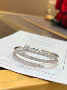 Custom Solid 18k Gold Cartier Jewelry Juste un Clou 2 Rows Nail Bracelet in 18K White Gold and Pave Diamonds