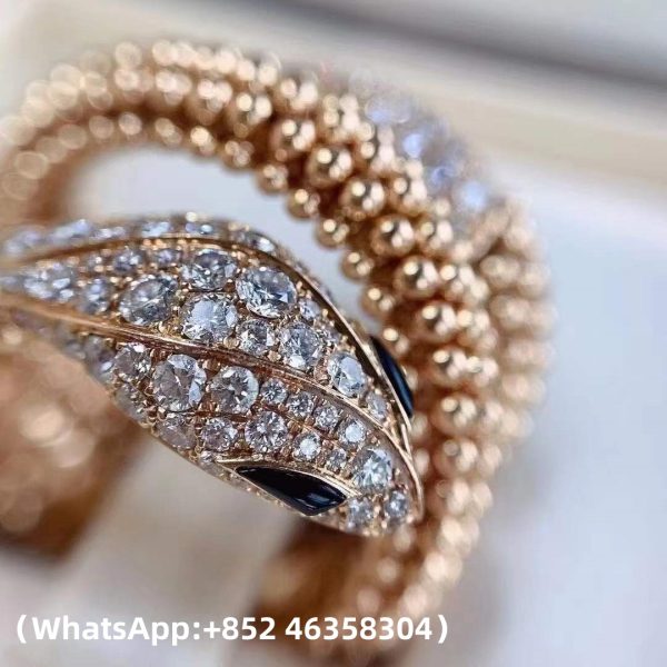Custom Solid 18k Gold Bulgari Jewelry Serpenti Two-Coil Ring Set with Pavé Diamonds on the Head and Tail And Black Onyx Eyes