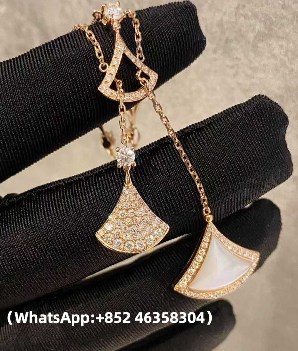 Custom Solid 18k Gold Bulgari Jewelry Divas' Dream Necklace with Three Fan-Shaped Motifs Set with a Mother-of-Pearl Insert and Pavé Diamonds