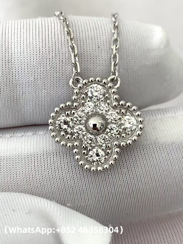 Custom Solid 18K Gold Van Cleef & Arpels Vintage Alhambra pendant 18K white gold Diamond