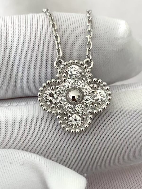 Custom Solid 18K Gold Van Cleef & Arpels Vintage Alhambra pendant 18K white gold Diamond