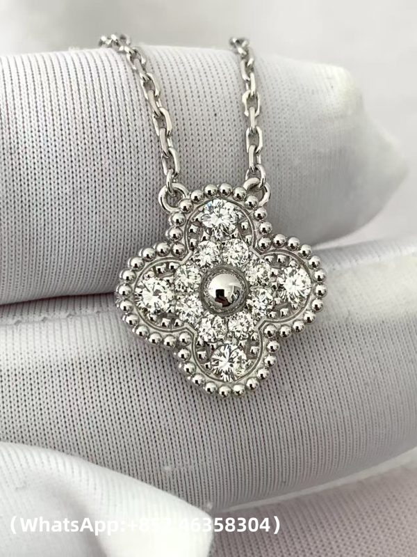 Custom Solid 18K Gold Van Cleef & Arpels Vintage Alhambra pendant 18K white gold Diamond