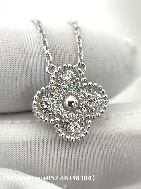 Custom Solid 18K Gold Van Cleef & Arpels Vintage Alhambra pendant 18K white gold Diamond