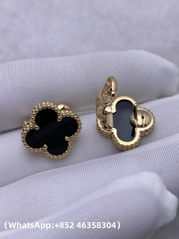Custom Solid 18K Gold Van Cleef & Arpels Jewelry Vintage Alhambra Earrings Onyx Custom Solid 18K Gold Van Cleef & Arpels Jewelry Vintage Alhambra Earrings Onyx