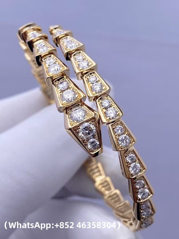 Custom Solid 18K Gold Bulgari Jewelry Serpenti Viper One-Coil Bracelet Set with Full Pavé Diamonds