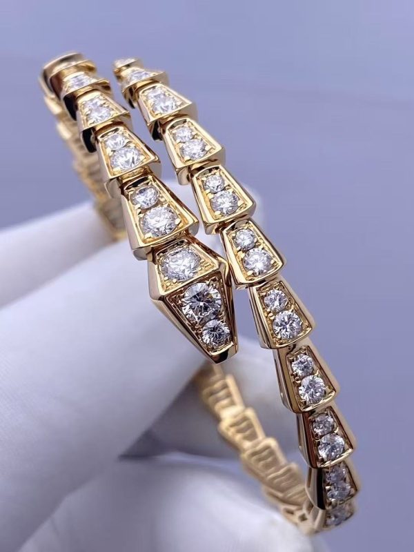 Custom Solid 18K Gold Bulgari Jewelry Serpenti Viper One-Coil Bracelet Set with Full Pavé Diamonds