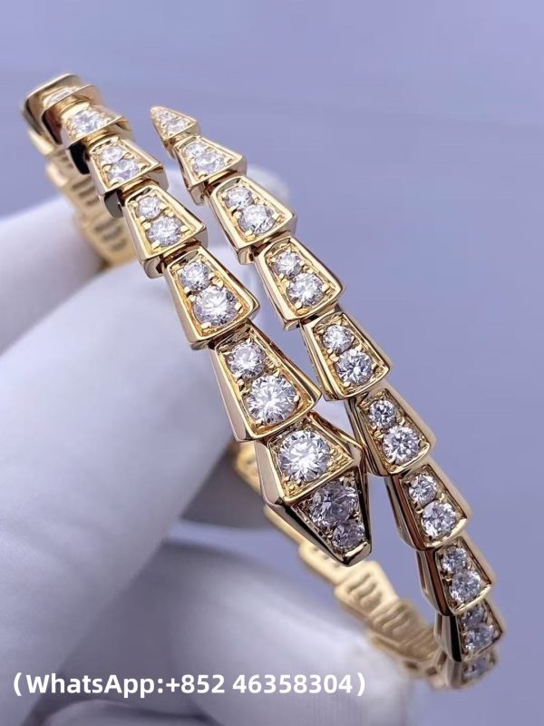 Custom Solid 18K Gold Bulgari Jewelry Serpenti Viper One-Coil Bracelet Set with Full Pavé Diamonds