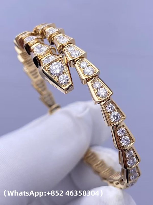 Custom Solid 18K Gold Bulgari Jewelry Serpenti Viper One-Coil Bracelet Set with Full Pavé Diamonds