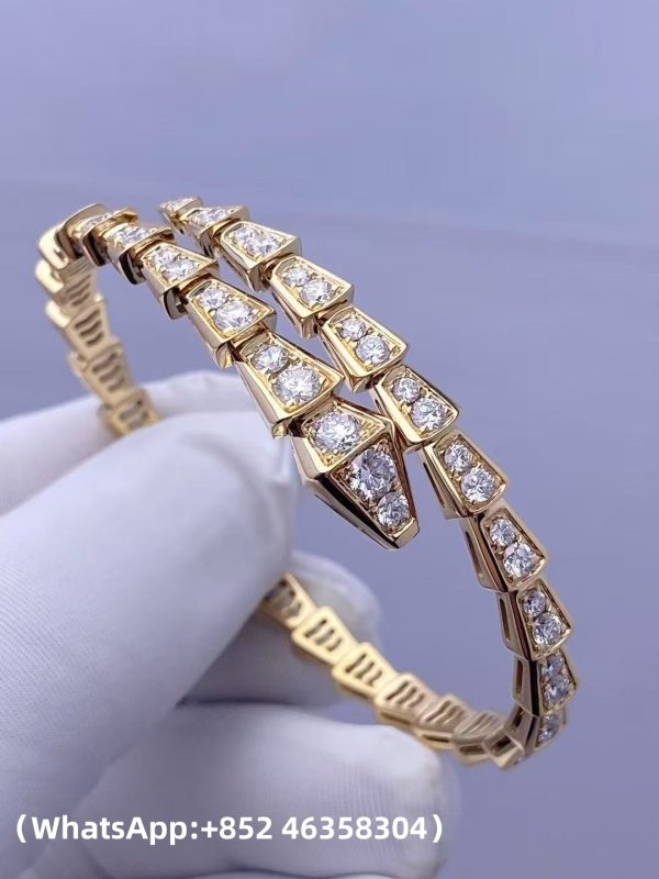 Custom Solid 18K Gold Bulgari Jewelry Serpenti Viper One-Coil Bracelet Set with Full Pavé Diamonds