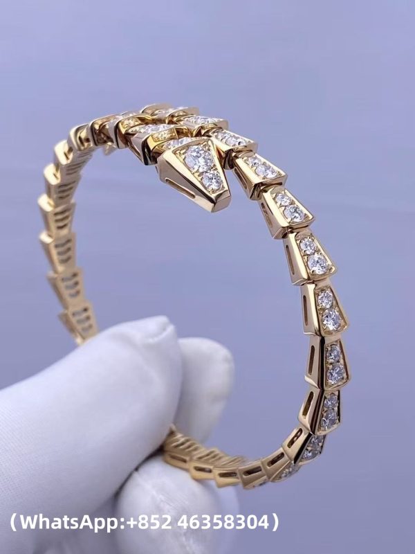 Custom Solid 18K Gold Bulgari Jewelry Serpenti Viper One-Coil Bracelet Set with Full Pavé Diamonds