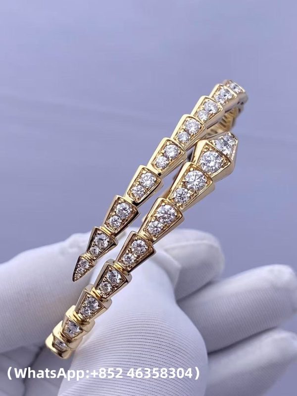 Custom Solid 18K Gold Bulgari Jewelry Serpenti Viper One-Coil Bracelet Set with Full Pavé Diamonds