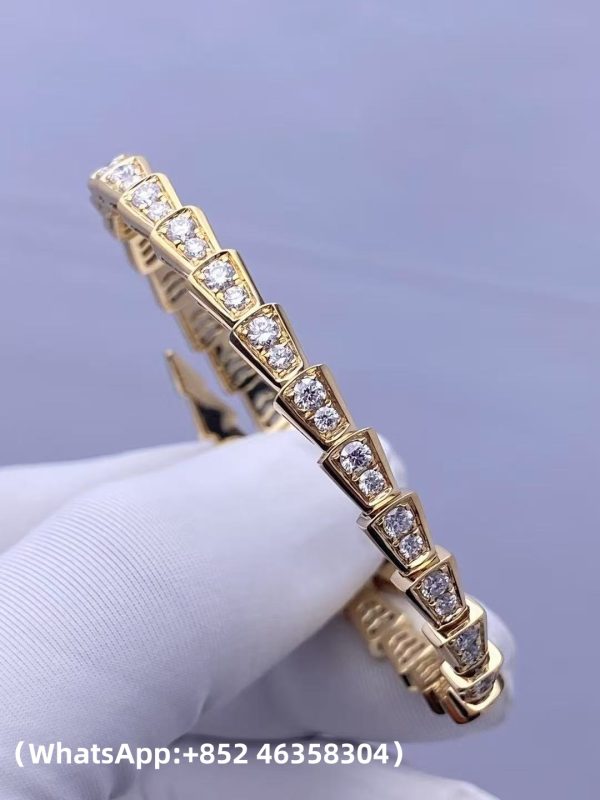 Custom Solid 18K Gold Bulgari Jewelry Serpenti Viper One-Coil Bracelet Set with Full Pavé Diamonds