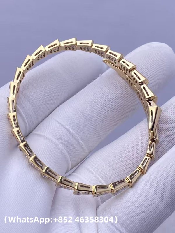 Custom Solid 18K Gold Bulgari Jewelry Serpenti Viper One-Coil Bracelet Set with Full Pavé Diamonds