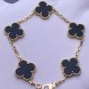 Custom Solid 18k Gold Van Cleef & Arpels Jewelry Vintage Alhambra Bracelet, 5 Motifs, Onyx