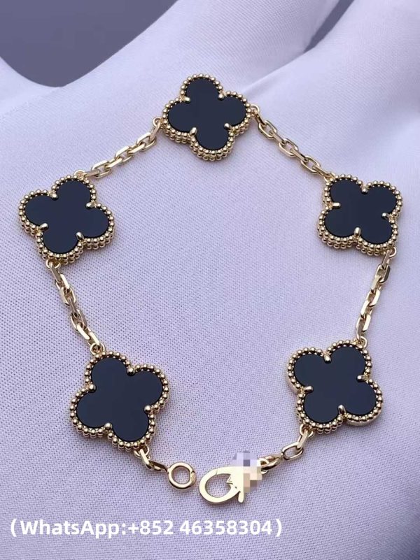 Custom Solid 18k Gold Van Cleef & Arpels Jewelry Vintage Alhambra Bracelet, 5 Motifs, Onyx