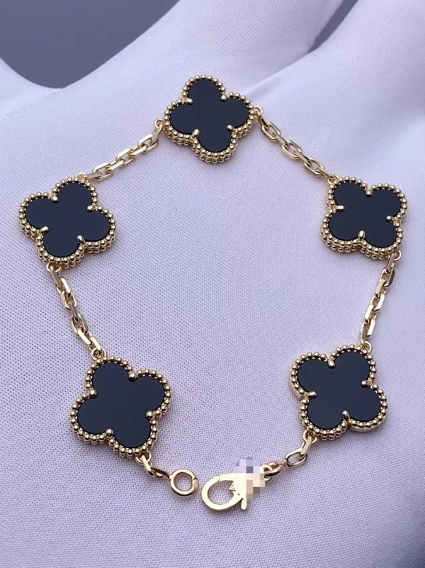 Custom Solid 18k Gold Van Cleef & Arpels Jewelry Vintage Alhambra Bracelet, 5 Motifs, Onyx
